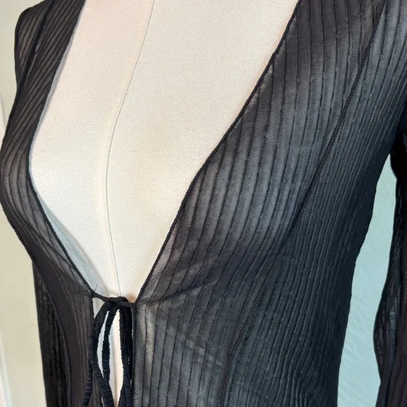 Bundle 2 for $30! Zara Black Sheer Ribbed Tie-Front Cardigan Small Whimsigoth - Picture 3 of 5